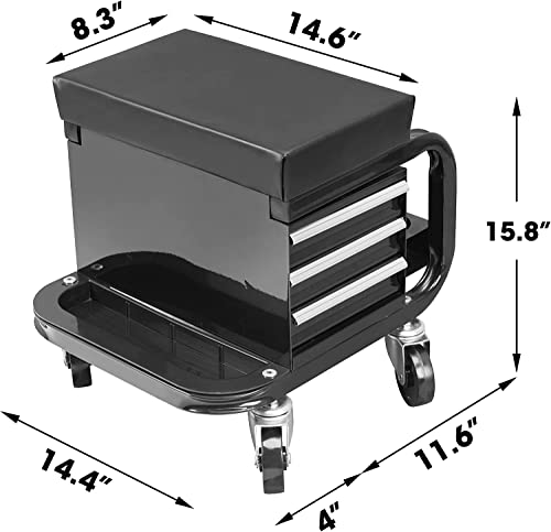 HPDMC Mechanic Stool with Wheels, 350lbs Capacity Workshop Creeper Seat with Tool Storage, Heavy Duty Rolling Tool Box Chair with Drawers HPDMC