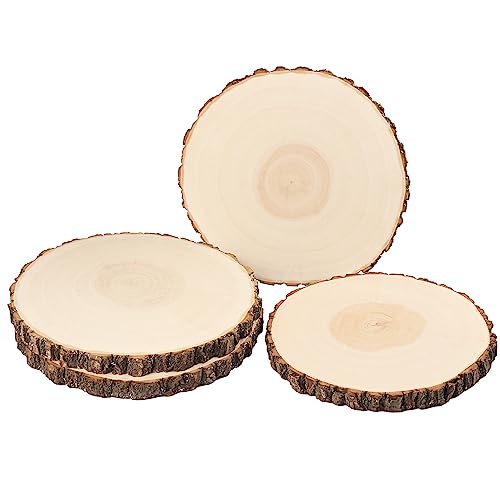 4 PCS 10-12 Inch Natural Wood Slices, Unfinished Paulownia Wood Circles with Barks for Coasters, DIY Crafts, Christmas Rustic Wedding Ornaments and