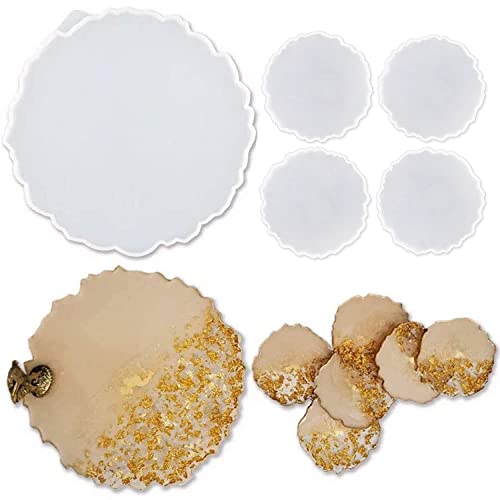 RESINWORLD Resin Tray Mold, 1Pc Thick Rectangle Tray Mold with 4 Pack Square Coaster Molds + 1 Pcs Large Resin Tray Mold + 4 Pack Geode Agate Coaster ResinWorld