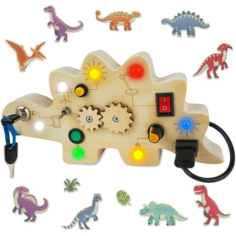 SUPKIZ Toddler Busy Board, Montessori Toys for 1-3 + Year Old Baby, Wooden Busy Board with Led Light, Dinosaur Toddler Toys Sensory Toys Travel Toys SUPKIZ