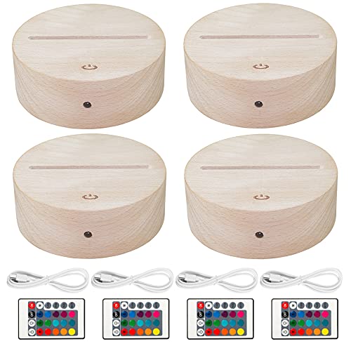 HYNNIO 4 Pack 3D Led Night Light Lamp Base, 3D Wood Light Base, Includes Remote Control, Charger Cable, Adjustable 7 Colors Lights Base - WoodArtSupply