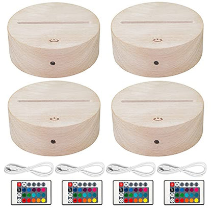 HYNNIO 4 Pack 3D Led Night Light Lamp Base, 3D Wood Light Base, Includes Remote Control, Charger Cable, Adjustable 7 Colors Lights Base - WoodArtSupply