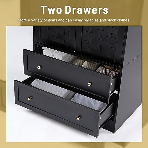 LEVNARY Armoire Wardrobe Closet with 2 Woven Doors, Wardrobe Cabinet with 2 Storage Drawers and Hanging Rail, Freestanding Wooden Closet for Bedroom LEVNARY