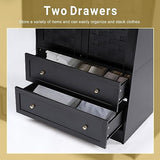 LEVNARY Armoire Wardrobe Closet with 2 Woven Doors, Wardrobe Cabinet with 2 Storage Drawers and Hanging Rail, Freestanding Wooden Closet for Bedroom LEVNARY