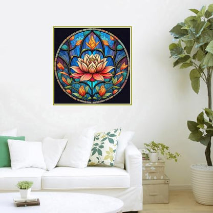 PFFNGPEN Diamond Painting Lotus Kits for Adults, 5D Stained Glass Diamond Art Kits for Beginners, DIY Full Drill Gem Art for Home Wall Decor Craft