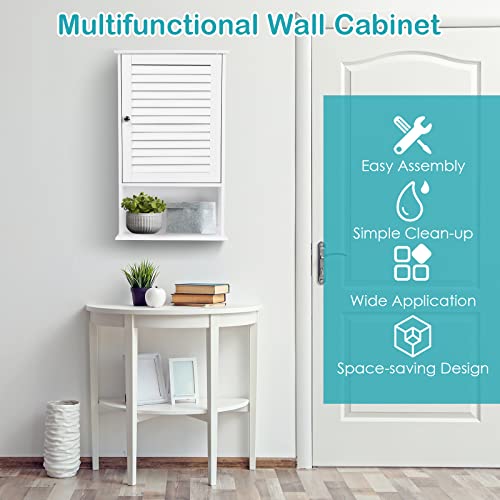 COSTWAY Bathroom Wall Cabinet, Large Capacity Storage Cabinet w/Single Louver Door & Height Adjustable Shelf, Wood Wall Mounted Medicine Cabinet for - WoodArtSupply