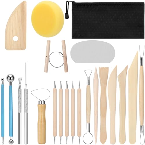 Blisstime Clay Tools 21 PCS, Pottery Tool Kit Dotting Tools Polymer Clay Tools, Ceramics Tools with Wooden Handle Pottery Tool Bag