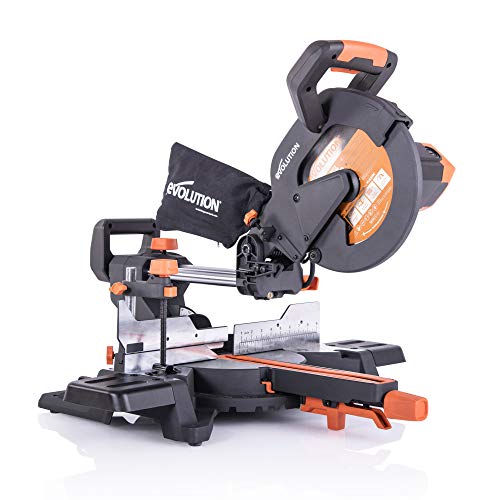 Evolution Power Tools R255SMS+ PLUS 10-Inch Sliding Miter Saw Plus Multi-Material Multi-Purpose Cutting Cuts Metal, Plastic, Wood & More 0˚ - 45˚ Evolution