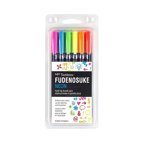 Tombow 56437 Fudenosuke Neon Brush Pen, 6-Pack. Hard Tip Fudenosuke Brush Pens in Assorted Neon Colors for Calligraphy and Art Drawings Tombow