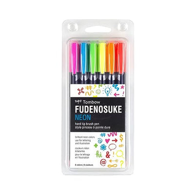 Tombow 56437 Fudenosuke Neon Brush Pen, 6-Pack. Hard Tip Fudenosuke Brush Pens in Assorted Neon Colors for Calligraphy and Art Drawings