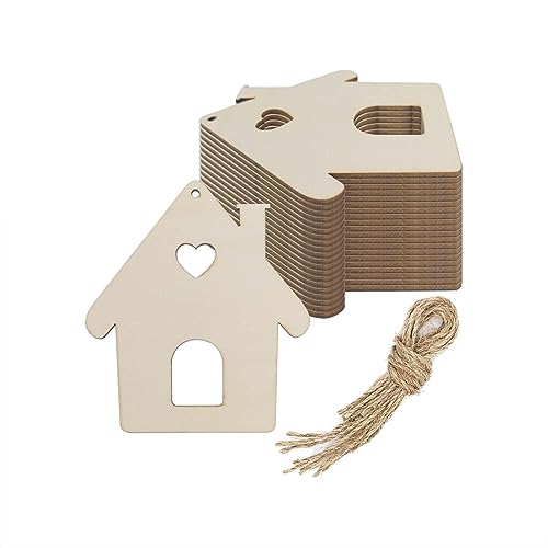 Creaides 20pcs House Wood DIY Crafts Cutouts Wooden House Shaped Hanging Ornaments with Jute Twines Gift Tags for Wedding Birthday Christmas Party