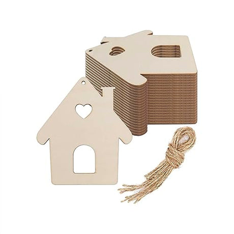 Creaides 20pcs House Wood DIY Crafts Cutouts Wooden House Shaped Hanging Ornaments with Jute Twines Gift Tags for Wedding Birthday Christmas Party Creaides