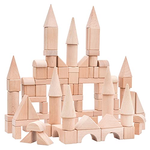 Timfuis Toddler Wooden Building Block Toys, 100 PCS Kids Natural Wood Stacking Blocks Set Standard Unit, Preschool Kindergarten Montessori Toy,