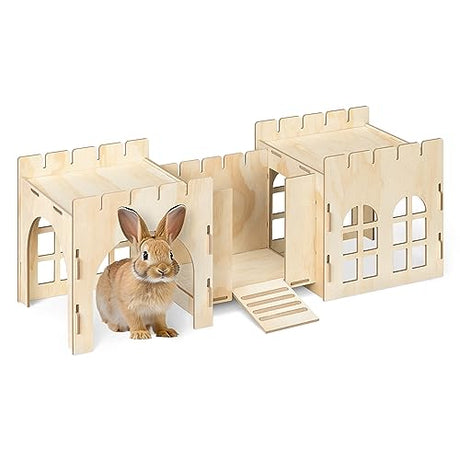 Navaris Rabbit Castle - Wooden Hideaway Playhouse for Pet Bunny - MDF & Pine Wood Rabbit Toy House - Bunny Hideout Fort - 27.2" x 9.4" x 10" Navaris