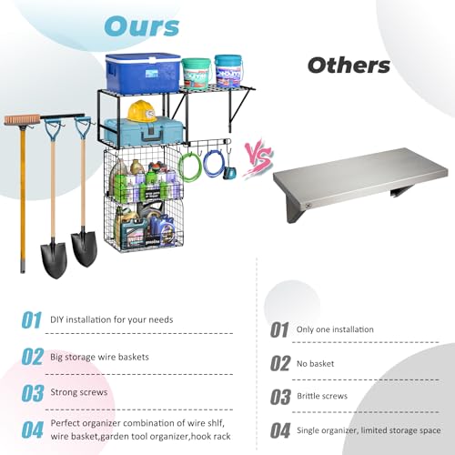 ThreeHio Garage Shelf Wall Mounted with Wire baskets, Heavy Duty Garage Wall Shelving with Garden Tool Rack and Hooks, Wire Shelf Baskets Tool ThreeHio