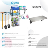 ThreeHio Garage Shelf Wall Mounted with Wire baskets, Heavy Duty Garage Wall Shelving with Garden Tool Rack and Hooks, Wire Shelf Baskets Tool ThreeHio