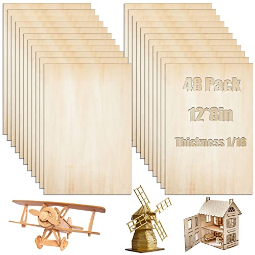 48 Pcs 12 x 8 x 1/16 Inch Basswood Sheets Thin Wood Sheets Unfinished Balsa Wood Sheet for DIY Projects Architectural Models Wood Engraving Wood