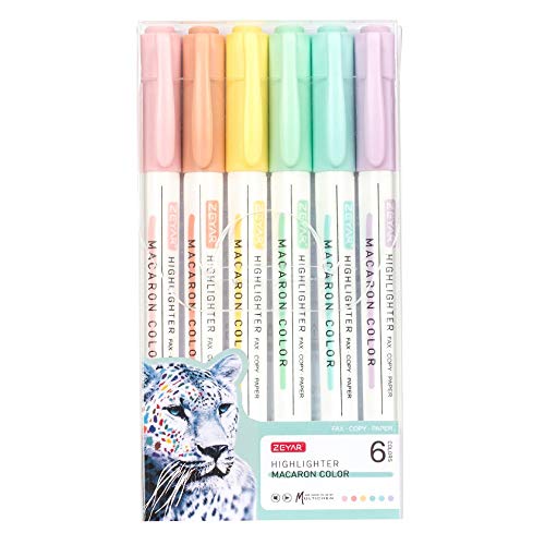 ZEYAR Highlighters, Pastel Colors Dual Tips Marker Pen, Chisel and Fine Tips, 6 Macaron Colors, Water Based, Assorted Quick Dry (6 Colors)