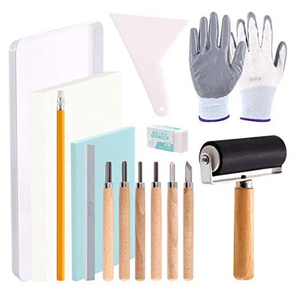 Swpeet 24Pcs Block Printing Starter Tool Kit, Rubber Stamp Carving Blocks, Ink Roller, Carving Tools, Gloves, Tracing Papers and Ink Mixing Tray for