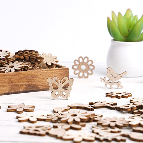 Abaodam 100pcs Wooden Embellishments Flower Butterfly Birds Shape Wooden Cutouts Wooden Scrapbooking DIY Handmade Crafts Table Confetti Rustic Wooden Abaodam