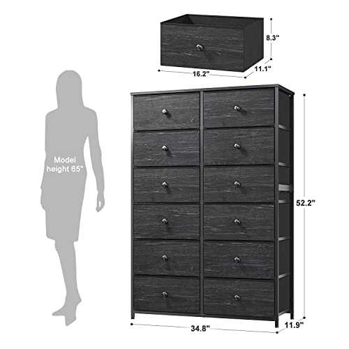 EnHomee Tall Dressers for Bedroom, 12 Drawer with Wooden Top and Metal Frame, Fabric Dresser & Chest of Drawers for Closet Living Room, Black Wood EnHomee