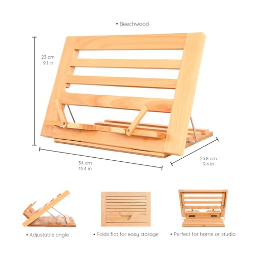 Premium Beechwood Wooden Table Easel and Cookbook Recipe Bookstand - Portable and Foldable Tabletop Art Easel with Flip-Up Page Holders, Adjustable - WoodArtSupply