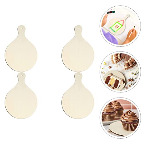 TEHAUX 4pcs Wood Craft Cutting Board Unfinished Mini Wooden Cutting Board DIY Blank Paddle with Handle Round Serving Board Chopping Board for TEHAUX