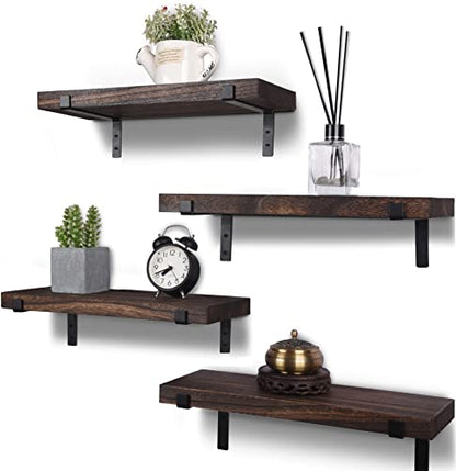 HXSWY Rustic Wood Floating Shelves for Wall Decor Farmhouse Wooden Wall Shelf for Bathroom Kitchen Bedroom Living Room Set of 4 Dark Brown - WoodArtSupply