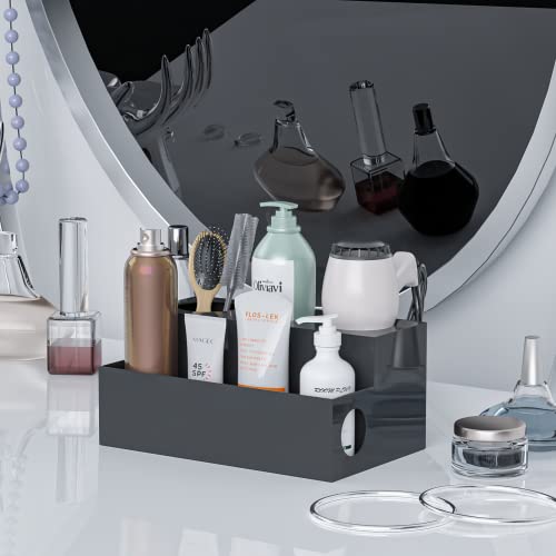 PITBVO Hair Tool Organizer, Black Acrylic Hair Dryer Holder with 3 Cups, Bathroom Supplies Countertop Blow Dryer Holder, Vanity Caddy Storage Stand PITBVO