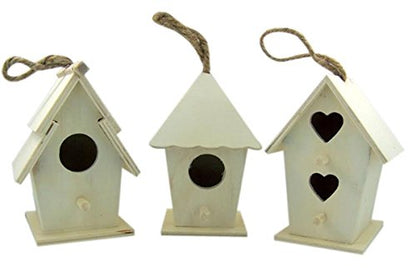 Miniature Natural Unfinished Wood Birdhouse with Jute Cord to Hang, Set of 3