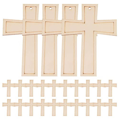 COHEALI 24pcs Cross Shaped Cutouts Unfinished Cross Wooden Pieces Blank Wood Discs Slices Cross Ornaments Gift Tags for DIY Arts Craft Project