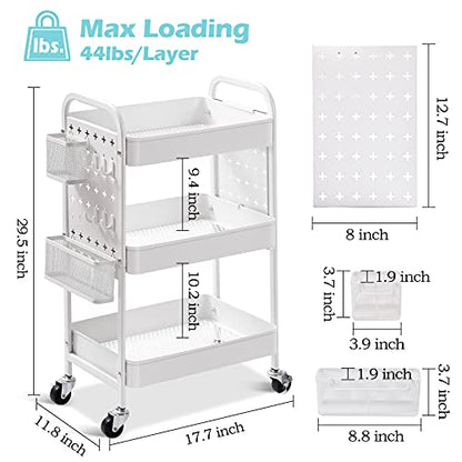 TOOLF 3-Tier Rolling Cart, Metal Utility Storage Cart with DIY Pegboards, Art Craft Trolley with Baskets Hooks, Organizer Serving Cart Easy Assemble