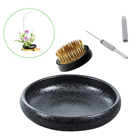 Japanese Ikebana Vase Kit, Flower Shallow Container Ceramics Ikebana Vase with 1.57inch Flower Frog and Floral Frog Floristry Kenzan Needle Eggone