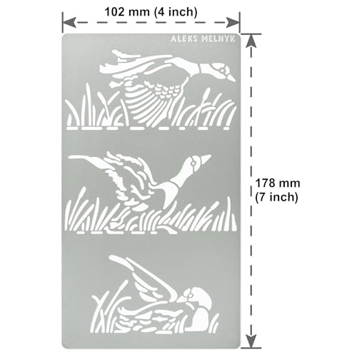 Aleks Melnyk No.473 Metal Stencil, Duck Flies Over Water and Reeds, Birds, Animals, Small Stencil, 1 PC, Template for Wood Burning, Engraving, - WoodArtSupply