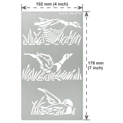 Aleks Melnyk No.473 Metal Stencil, Duck Flies Over Water and Reeds, Birds, Animals, Small Stencil, 1 PC, Template for Wood Burning, Engraving, - WoodArtSupply