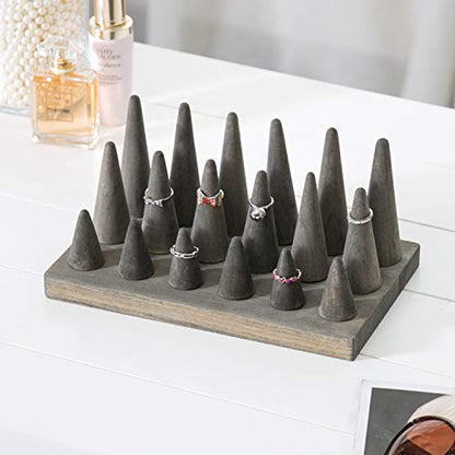 MyGift Vintage Gray Wood Ring Holder for Jewelry Tray, 18-Cone Organizer Peg Board Hand Ring Holder