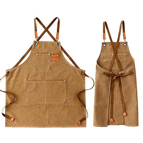 Kvimvty Canvas Cross Back Heavy Duty Work Tool Apron, Carpenter Apron, Woodworking Apron with Large Pockets Durable Waterproof Adjustable Chef Apron Kvimvty