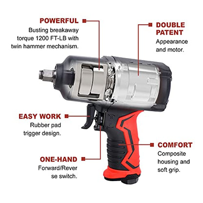 AEROPRO TOOLS 1/2-Inch Composite Air Impact Wrench(A301), Twin Hammer, 1200FT-LBS Max Loosening Torque, 7000RPM, Heavy Duty Pneumatic Impact Gun, for