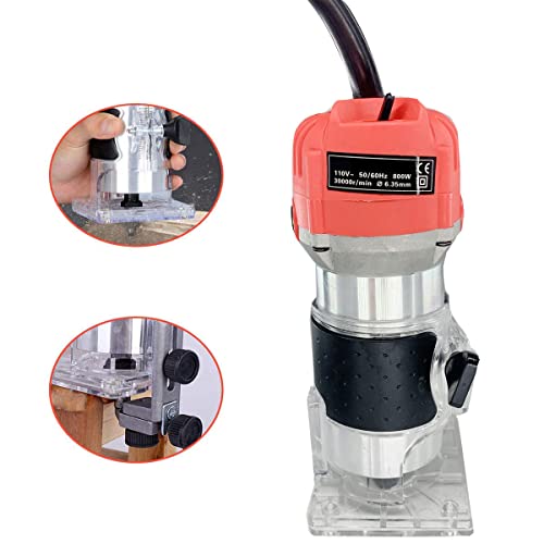Cozyel 110V 800W Palm Router Electric Hand Trimer Wood Router 1/4" Collets Woodworking Tool Laminate Trimer, Red Cozyel