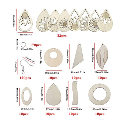 392Pcs Unfinished Wooden Earring Making Kit, Blank Wooden Irregular Hollow Teardrop Tapered Cutout Pendants Wood Charms Decor Jump Ring Earring Hooks