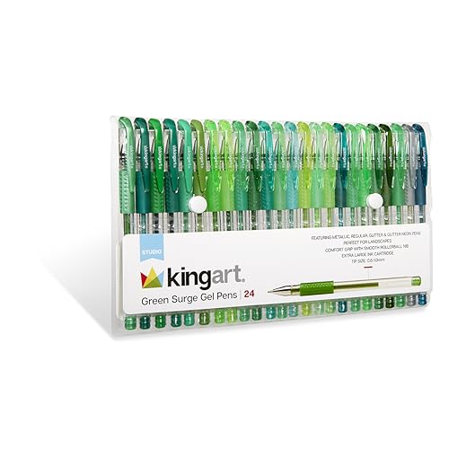 KINGART 400-24G Green Tones Rollerball Gel Pens, Set of 24 Colors, XL Ink Cartridge - More Ink, All Ages, Writing, Coloring, Doodling, Scrapbooking, KINGART