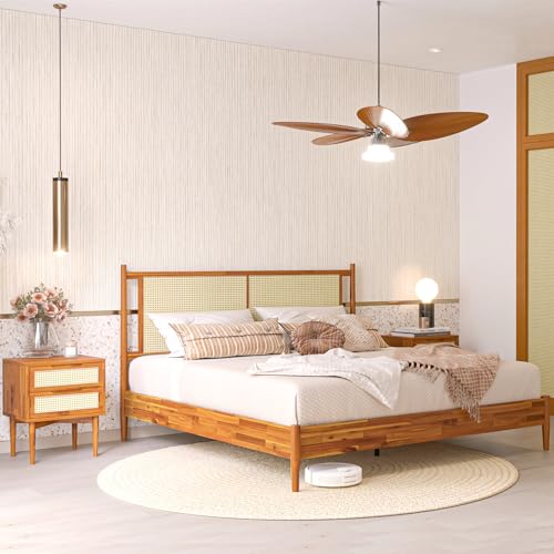 Bme Oliver 15 Inch Acacia Wood Bed Frame with Handcrafted Rattan Headboard - Bohemian & Mid Century Charm, No Box Spring Needed Bme