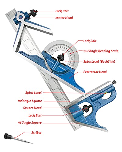 4PCS 12 Inch Combination Square Ruler Set Protractor Satin, 4-R Graduation, Ideal for Woodworking Metalworking Cabinets Joinery Steel Iron Case - WoodArtSupply