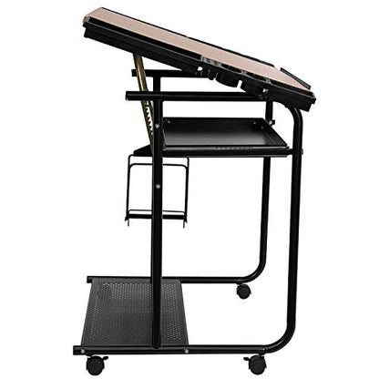 Flash Furniture Swanson Adjustable Drawing and Drafting Table with Black Frame and Dual Wheel Casters, Cherry