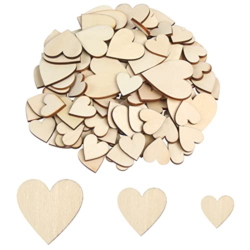 DERAYEE 100Pcs Unfinished Wooden Hearts for Crafts, Assorted Size Cutout Blank Wood for Valentines Day Christmas Wedding Party DIY Ornaments DERAYEE