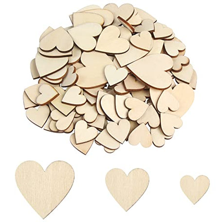 DERAYEE 100Pcs Unfinished Wooden Hearts for Crafts, Assorted Size Cutout Blank Wood for Valentines Day Christmas Wedding Party DIY Ornaments DERAYEE