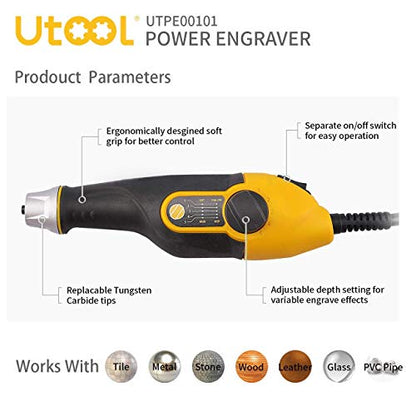 UTOOL Engraver Pen with Letter/Number Stencil, 24W Handheld Etching Tool for Wood Metal Glass Engraving with 4 Replaceable Tungsten Carbide Steel - WoodArtSupply