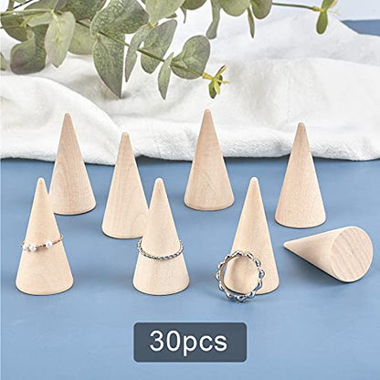FINGERINSPIRE 30 Pcs Wood Cone Ring Holder Finger Jewelry Display Stand（Burlywood 1x2 Inch） Ring Display Stands Organizer DIY Craft for Retail
