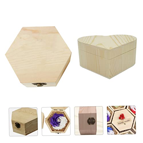 VOSAREA 2pcs Boxes Wooden Soap Flower Boxes Wooden Craft Unfinished Wooden Treasure Chest Retro Hardware Heart-shaped Handmade Box VOSAREA