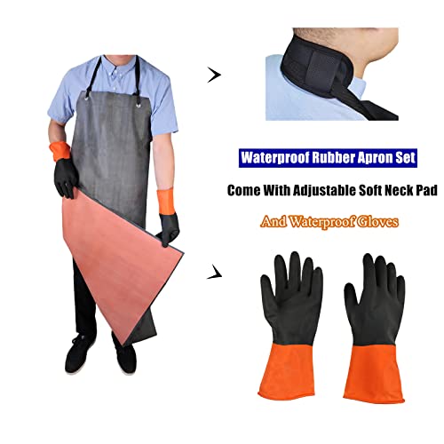 Rubber Apron Waterproof with Thick Rubber Gloves for Men and Women, Heavy Duty Butcher Apron with Adjustable Neck Pad, Chemical Aprons, Long TonLing